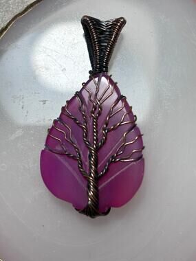 Tree of Life Wire Wrapped Copper Carved Bostwana Agate Pendant